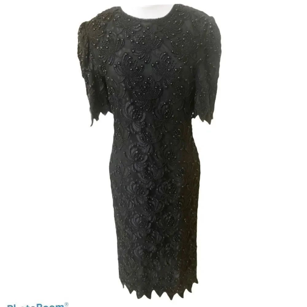 Carina vintage retro beaded embroidered midi evening dress S